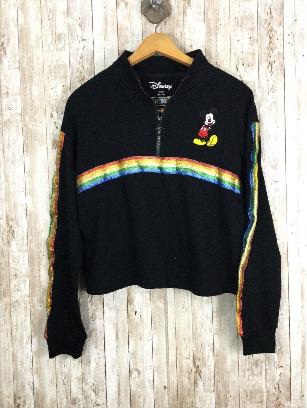 NWT Mickey Mouse Sz M Disney Cropped 1/4 Zip Shimmer Rainbow Top Long Sleeve